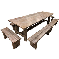 Mesa de Terraza con el Roble de siempre en una nueva cara albayalde de color gris, que añeja como el vino. Un producto con historia y cómo lo dice su nombre en Mapudungun, para toda la Familia. Considera Bancas.