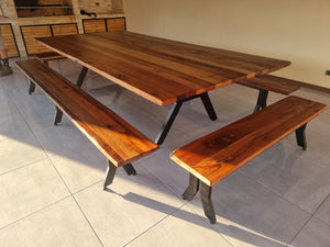 Y Iron and Oak Table with Benches