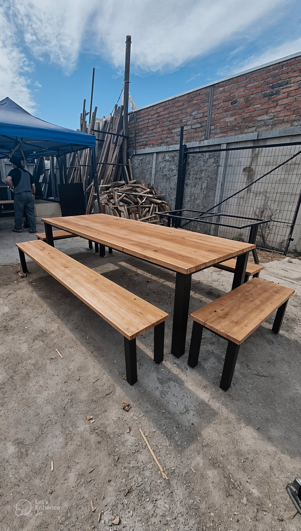 Mesa Comedor Roble fierro Clásica Con 2 Bancas