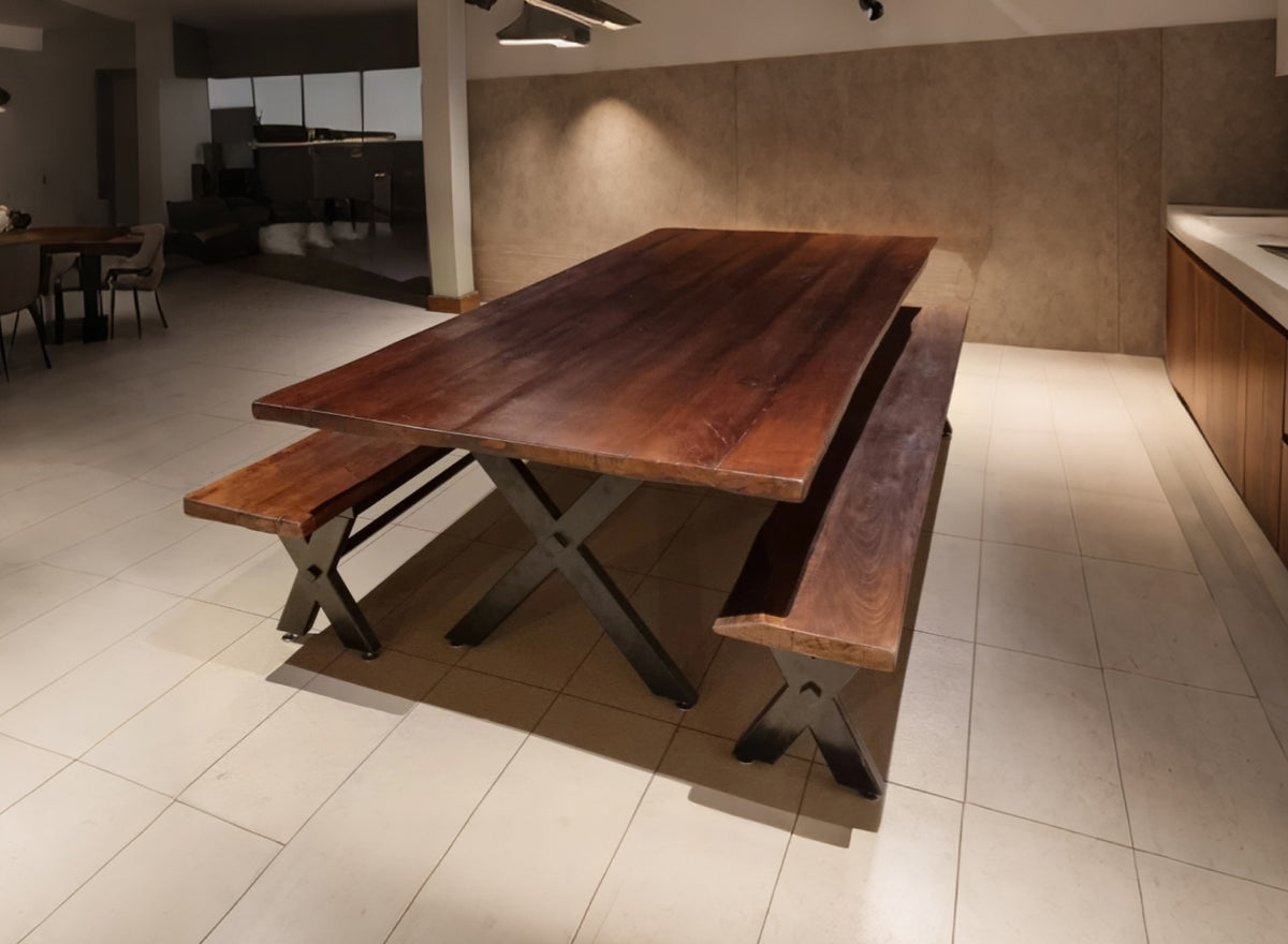Mesa Comedor Roble Fierro X Nogal con Bancas