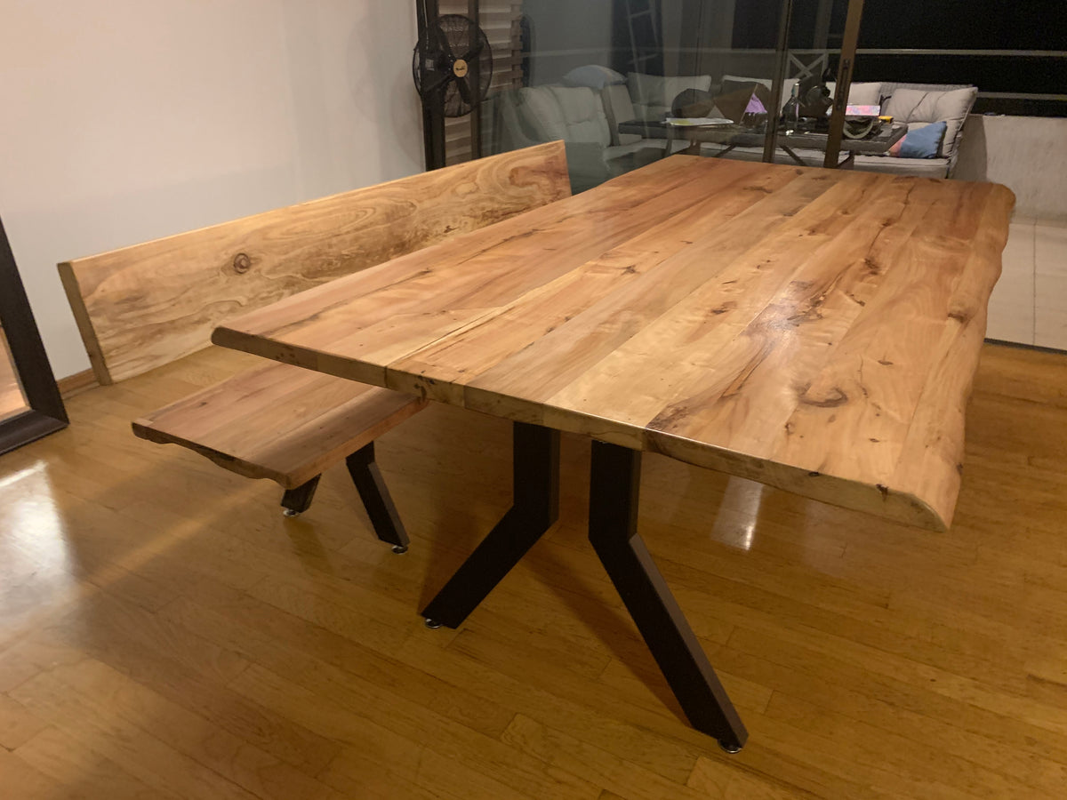 Mesa Comedor Roble Crudo Y Bancas con Respaldo