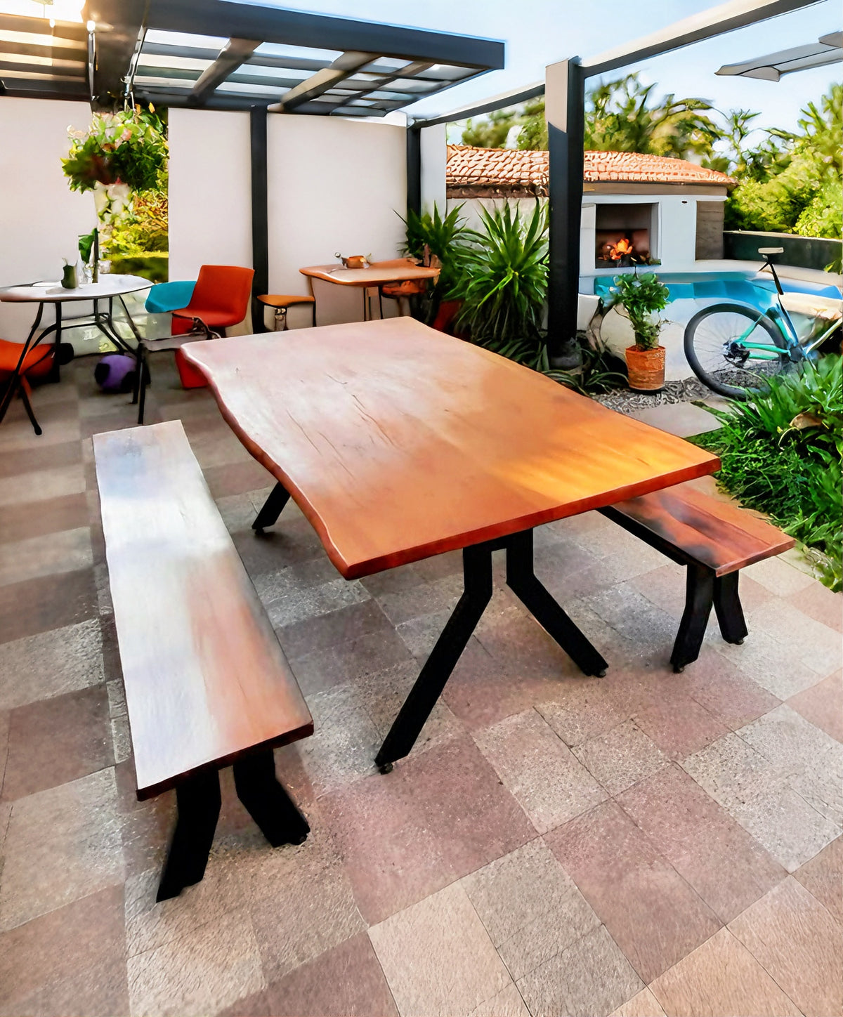 Mesa Terraza Roble Rústica Fierro Y con Bancas