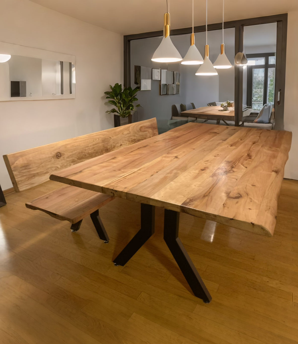 Mesa Comedor Roble Crudo Y Bancas con Respaldo