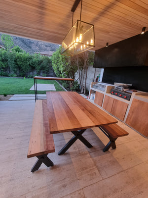 X Iron and Red OAK Table with 4 Benches