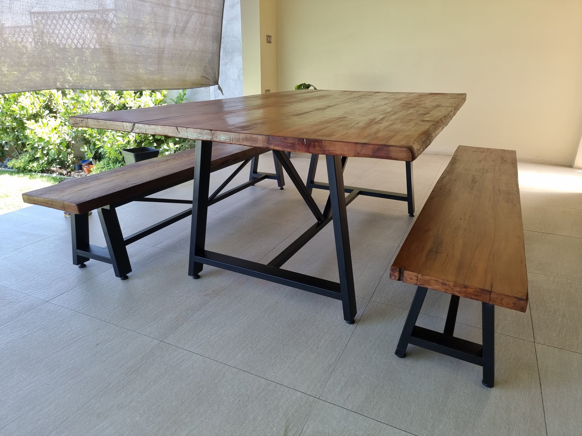 Iron X Table with Benches