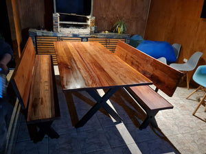 X Iron and OAK table with Benchens with Backrest