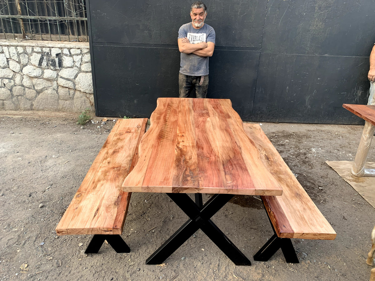 Mesa Comedor Roble Crudo Fierro X con Bancas
