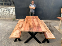 Mesa Comedor Roble Crudo Fierro X con Bancas
