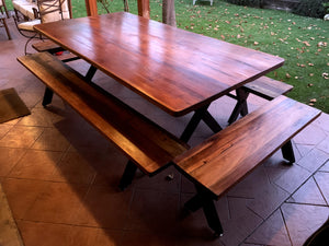 X Iron and Red OAK Table with 4 Benches