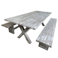 Mesa Terraza Albayalde gris de terminación mate, impermeabilizada y preparada para alto tráfico. Fabricada en Roble de Demolición con Pata en X. Considera 2 Bancas laterales.